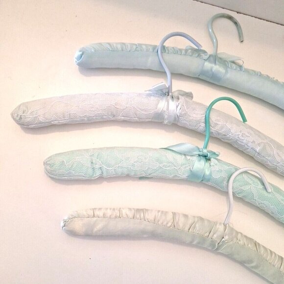 Blue & Green Padded Satin Lace Boudoir Lingerie Clothes Hangers 4 Lot - Picture 6 of 8